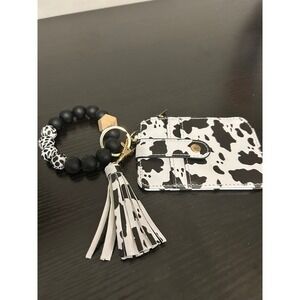 Cow Print Beaded Keychain Card Holder Wallet Bracelet Wristlet Women